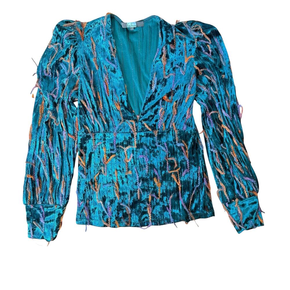 Eva Franco blue velvet textured v neck‎ blouse long sleeve